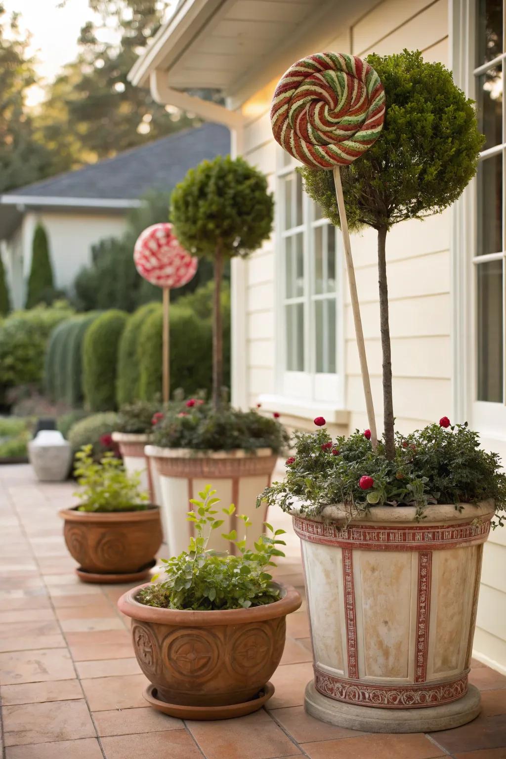 Lollipop-shaped topiary adding a whimsical touch to a patio setting.