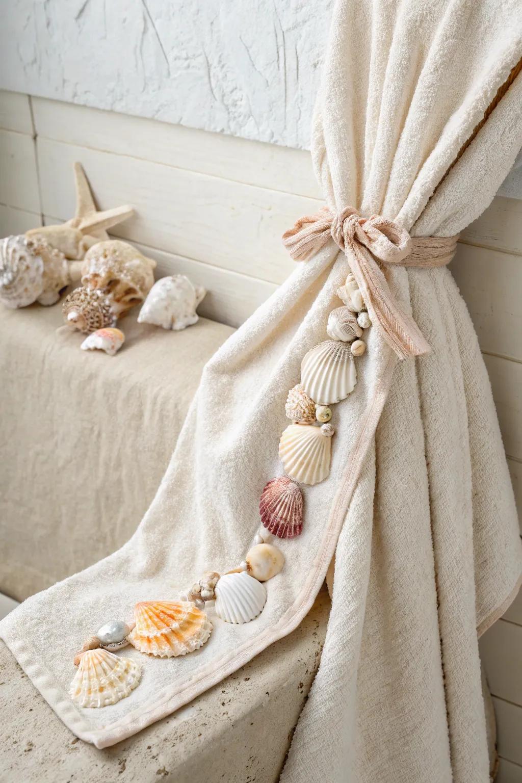 Bring seaside serenity into your home with these exquisite shell towel tie backs, a perfect blend of nature and craft.