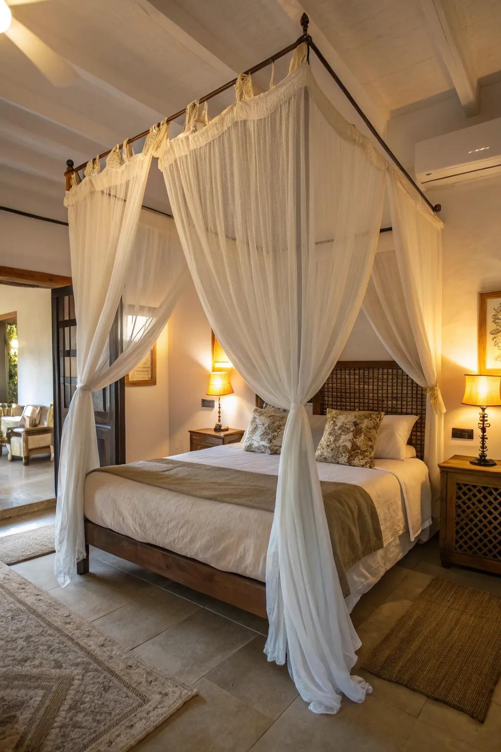 A canopy adds elegance and a touch of dreaminess to this townhouse bedroom.