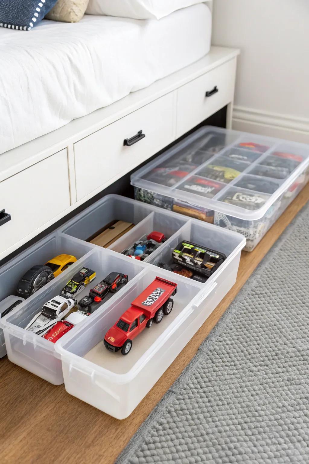 A practical under-bed storage solution for toy cars.