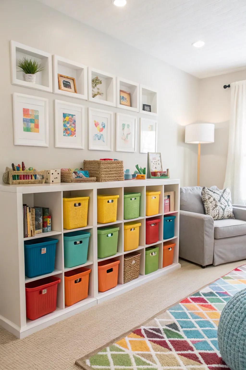 Cubby shelves with bins offer playful toy storage.