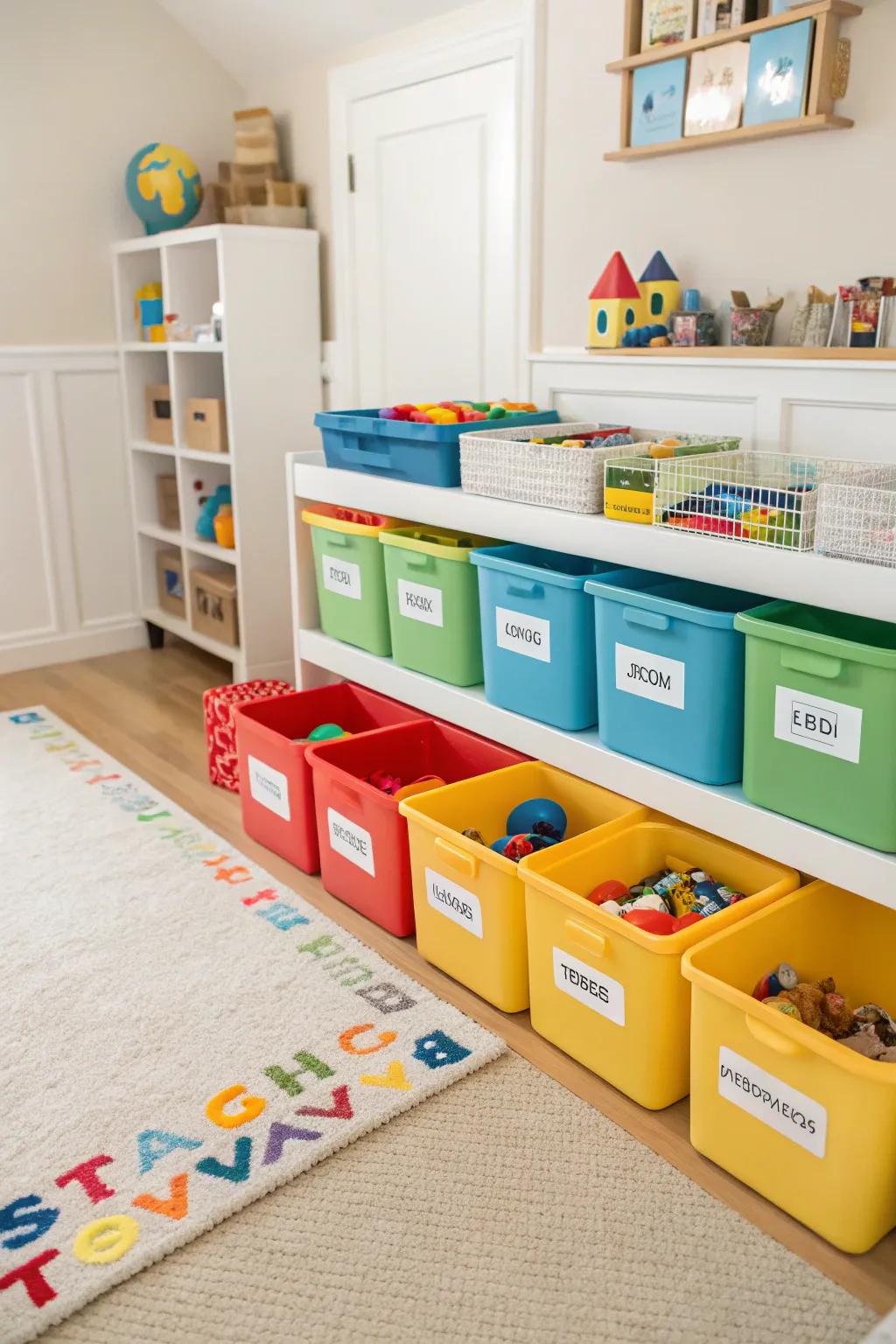 Labeled bins for easy and organized toy storage.