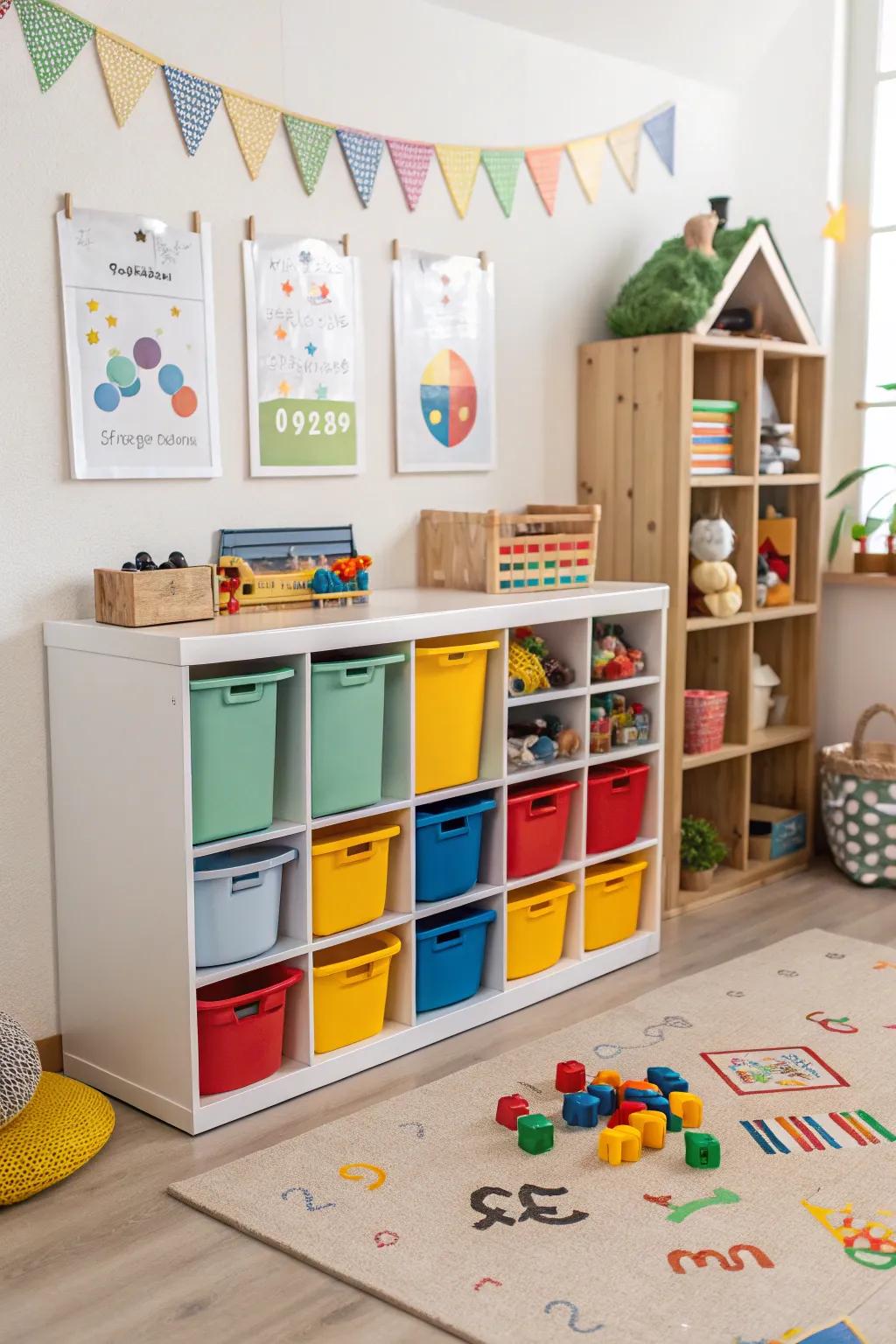 A modular toy storage system offers flexibility and adaptability as children grow.