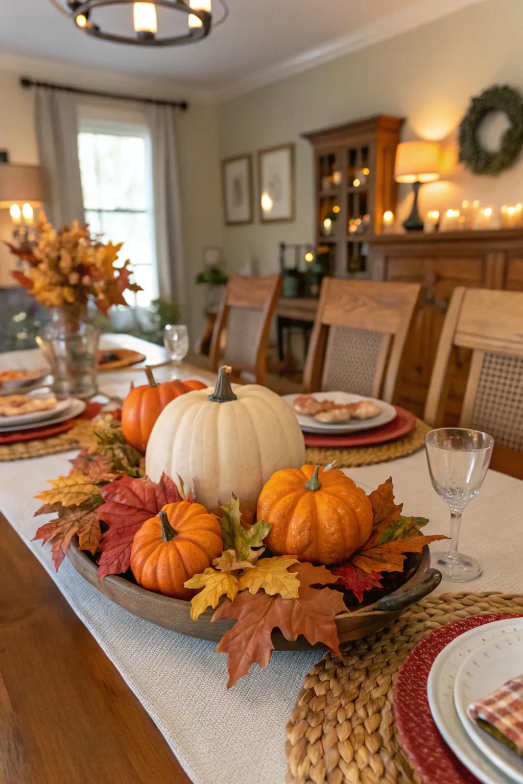 Seasonal centerpieces keep the dining room decor fresh and festive.