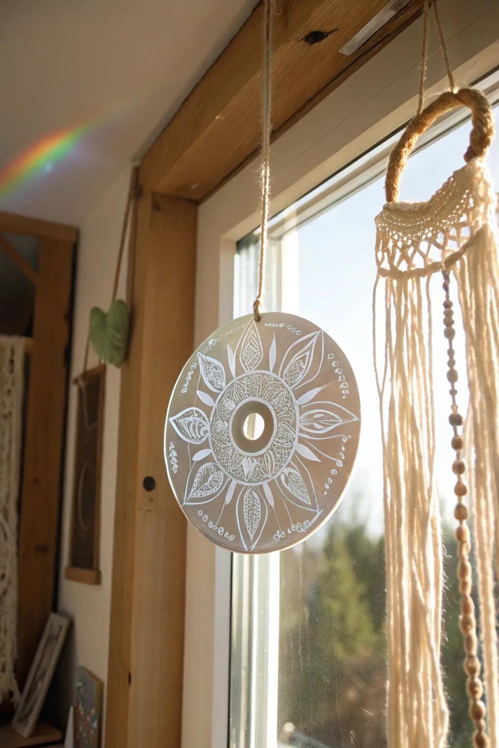 Transform forgotten CDs into radiant suncatchers and fill your room with colorful rainbows. ✨🌈 #TrashToTreasure #ScandinavianBoho