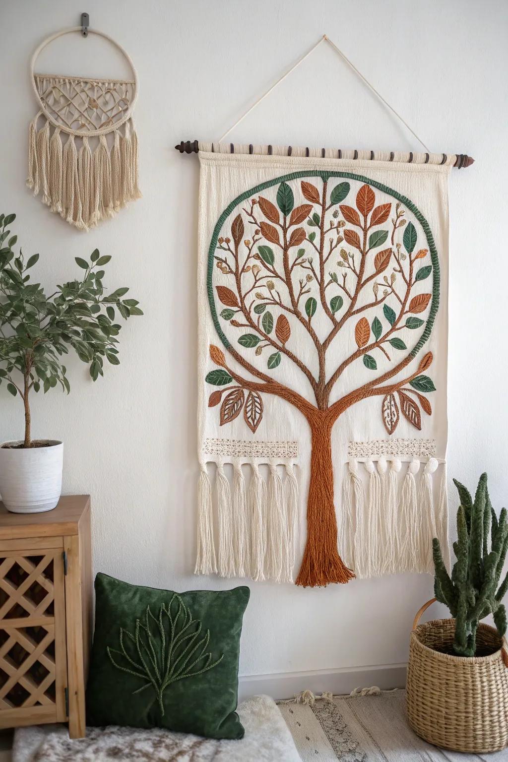 Embrace nature's elegance with a handcrafted fabric Tree of Life wall hanging, where simplicity meets boho charm.