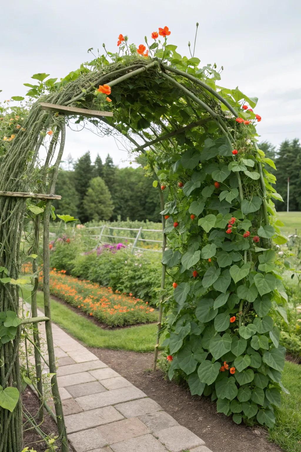 A trellis arbor doubles as a vegetable trellis.