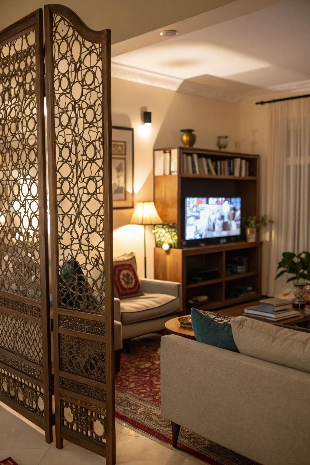 A decorative screen adds elegance while concealing your TV.