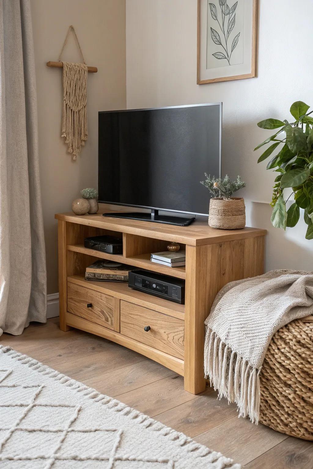 Elevate your space with a chic corner TV shelf: a blend of minimalist design and boho charm.