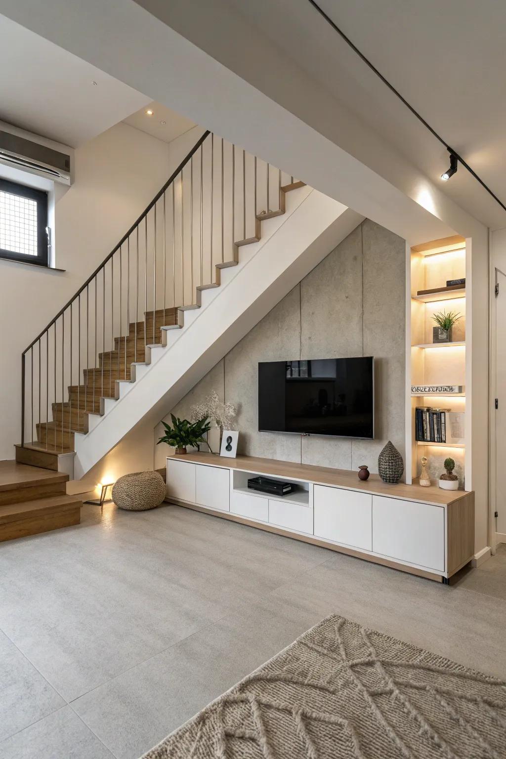 A modern minimalist living room with a sleek TV unit under the stairs.