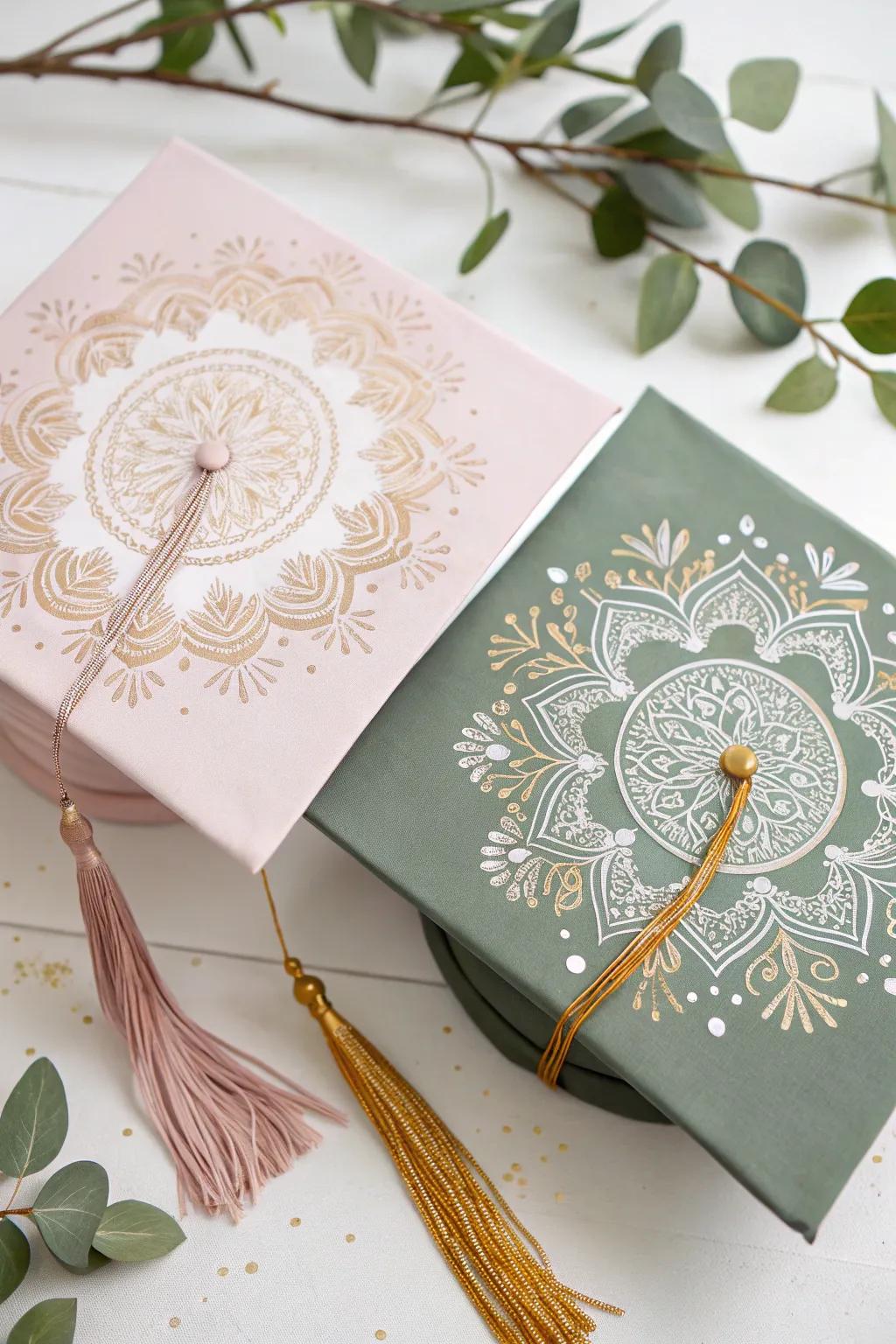 Celebrate individuality and unity with these stunning, handcrafted graduation caps in contrasting colors.