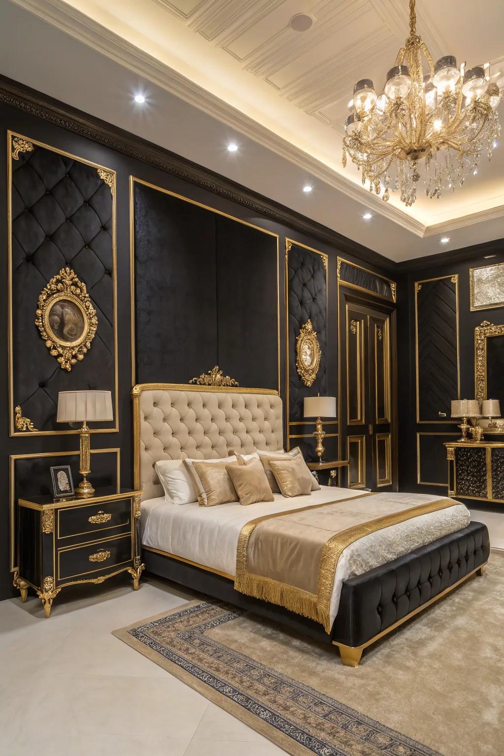 A glamorous and luxurious two-tone bedroom in black and gold.