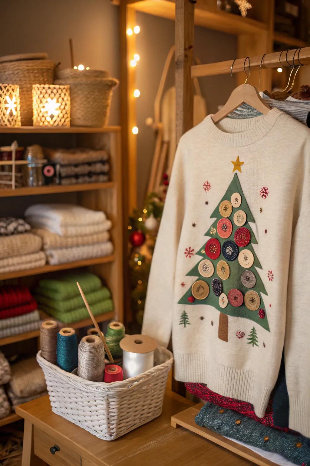 Craft a tactile masterpiece with a button Christmas tree sweater.