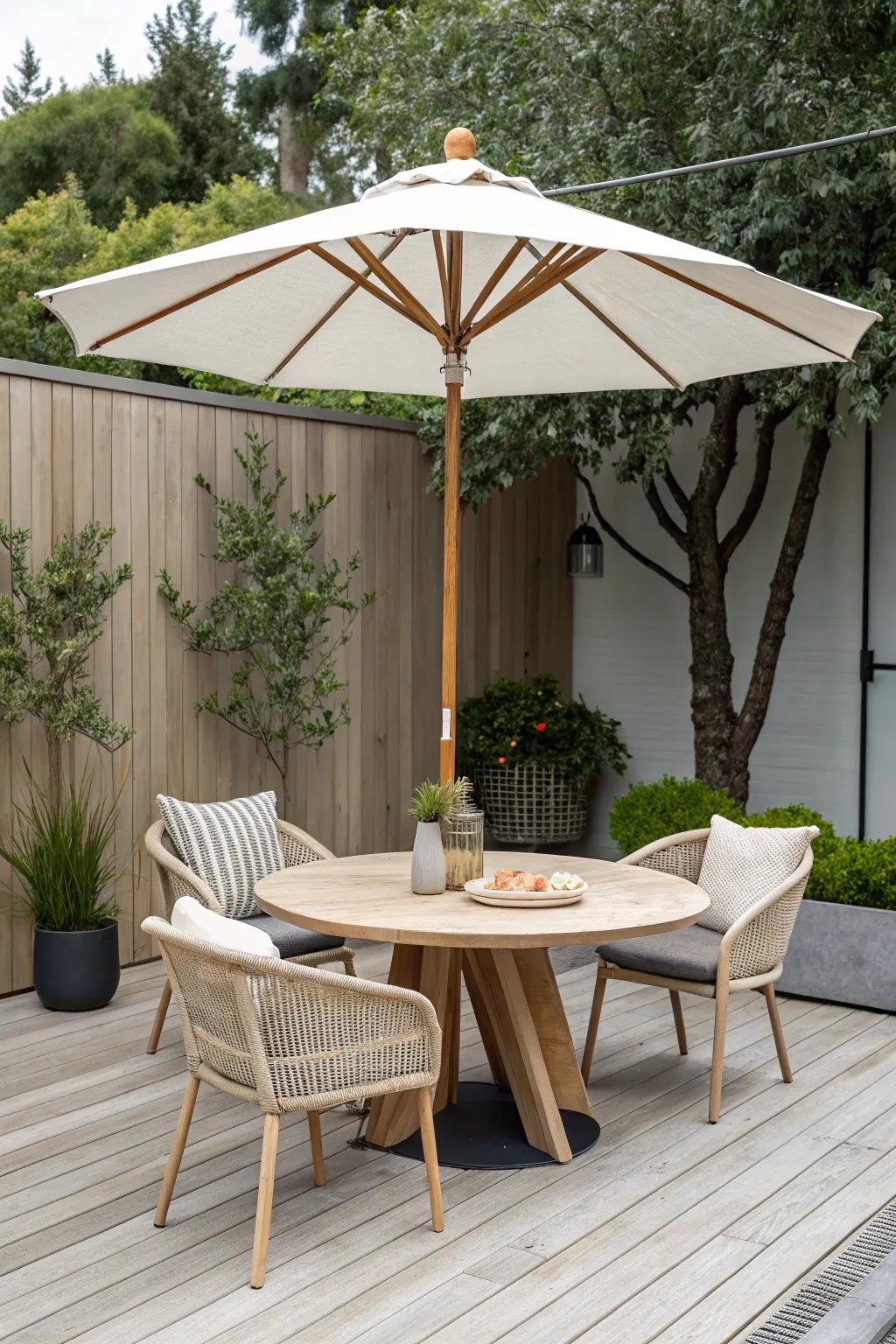 Elevate your outdoor space with a sleek floating umbrella—perfect for a minimalist yet boho-inspired retreat.