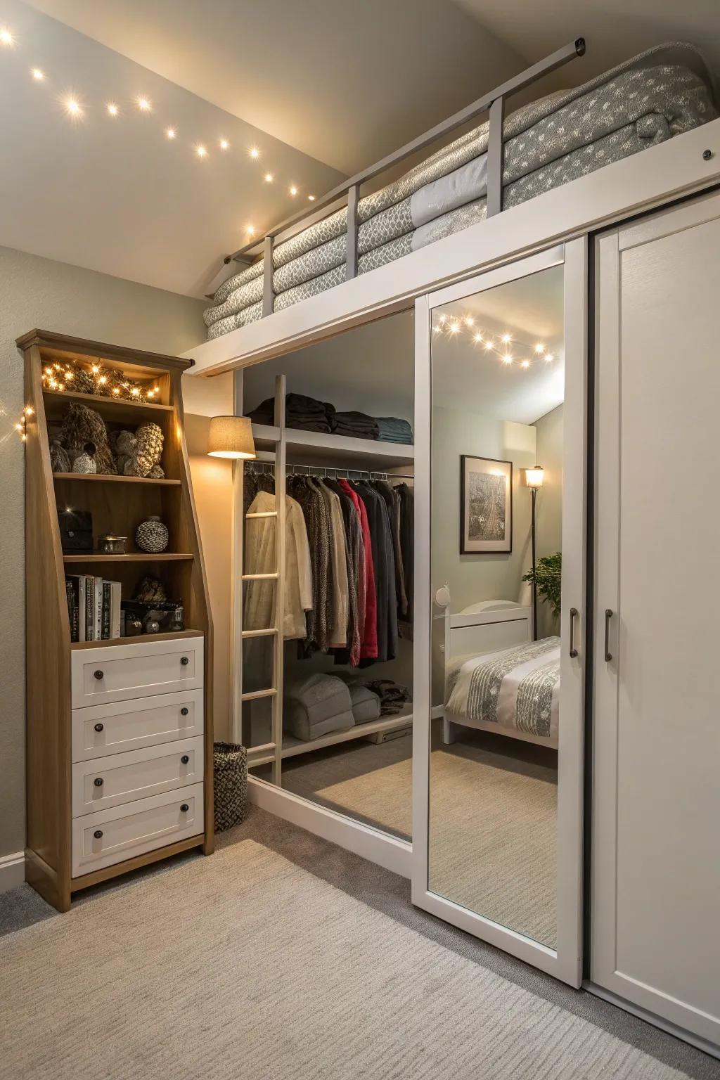 A chic dressing area under a loft bed.