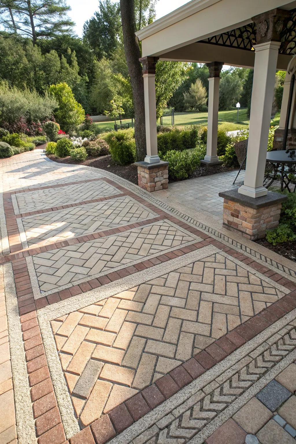 Creative paver patterns add visual interest and help downplay uneven surfaces.