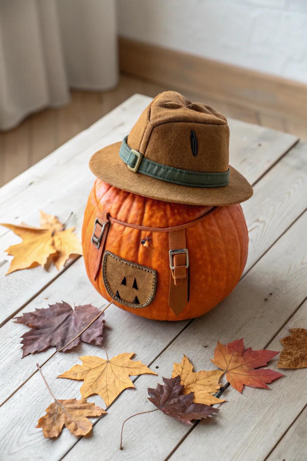 Embark on an autumn adventure with this charming explorer pumpkin, perfect for those who wander and wonder.
