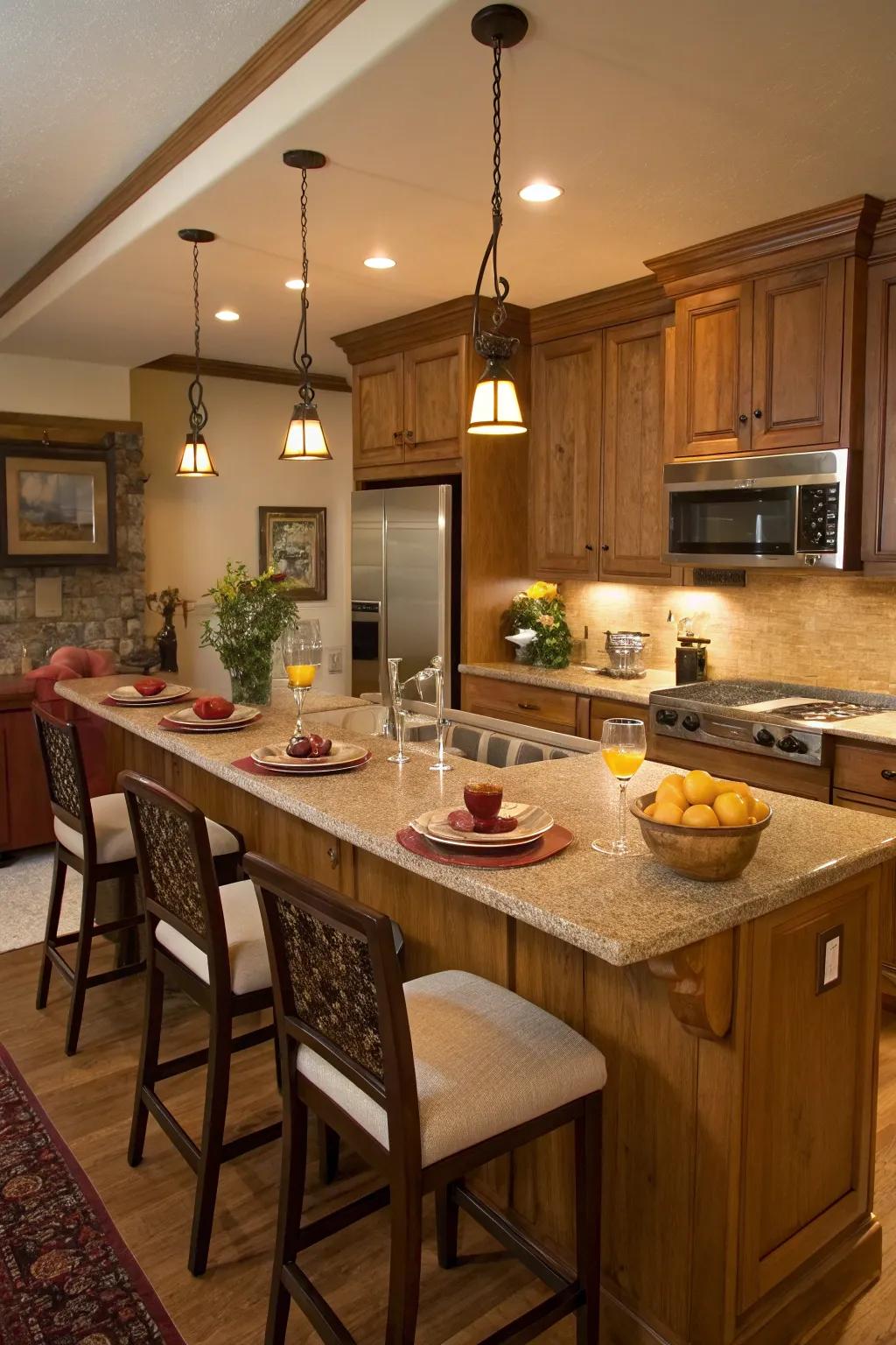 Extended countertops offer additional seating and create a welcoming kitchen space.