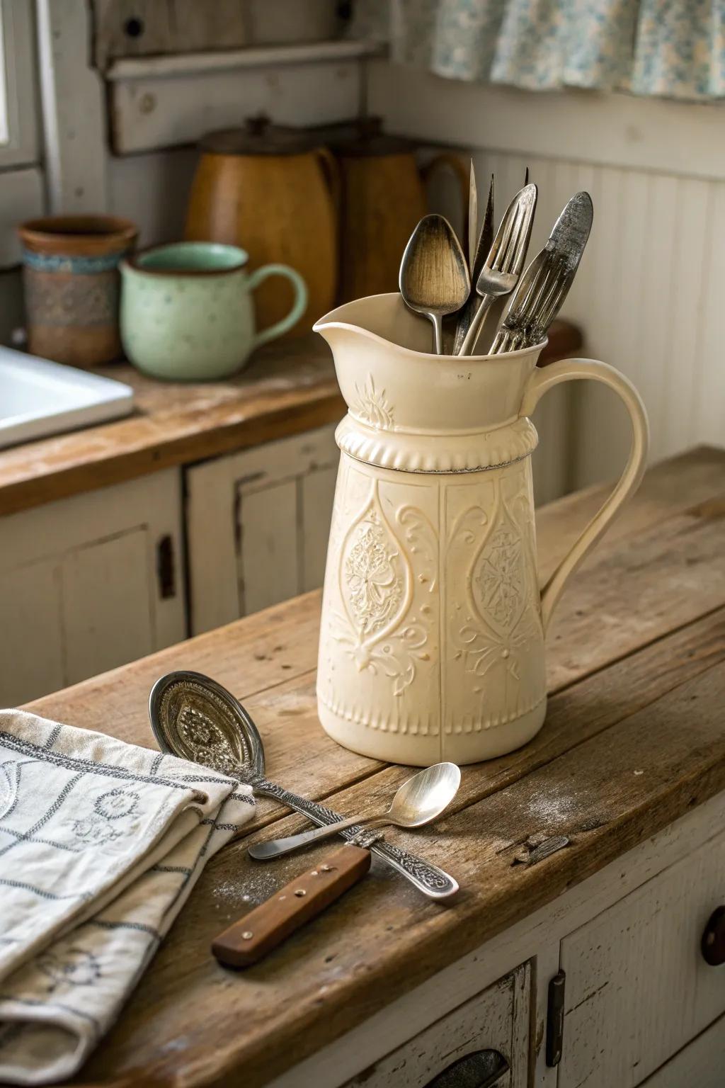 Milk pitchers bring nostalgic charm to kitchen storage.