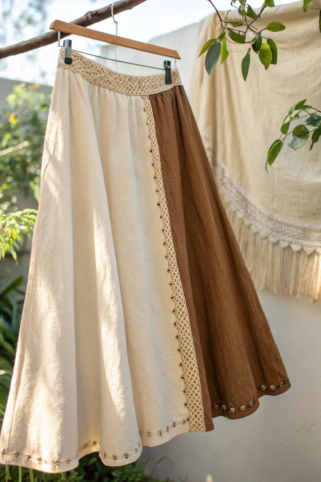 Discover the art of upcycling with a stunning two-tone skirt that blends textures and simplicity.