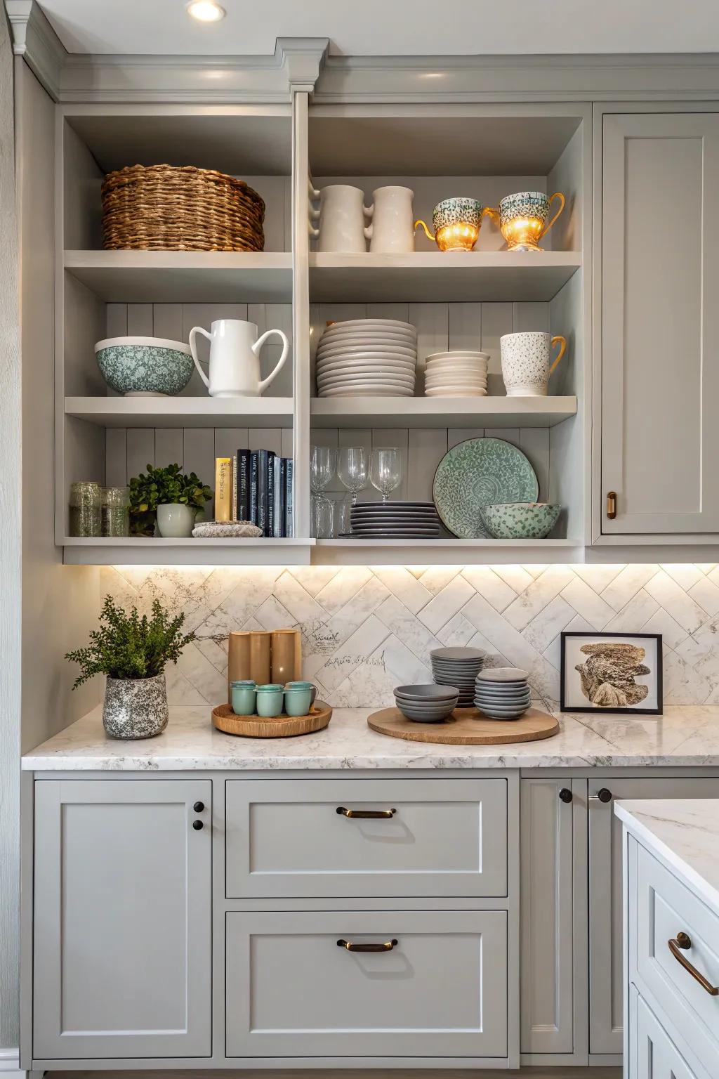 Open shelving showcases your favorite kitchen items.