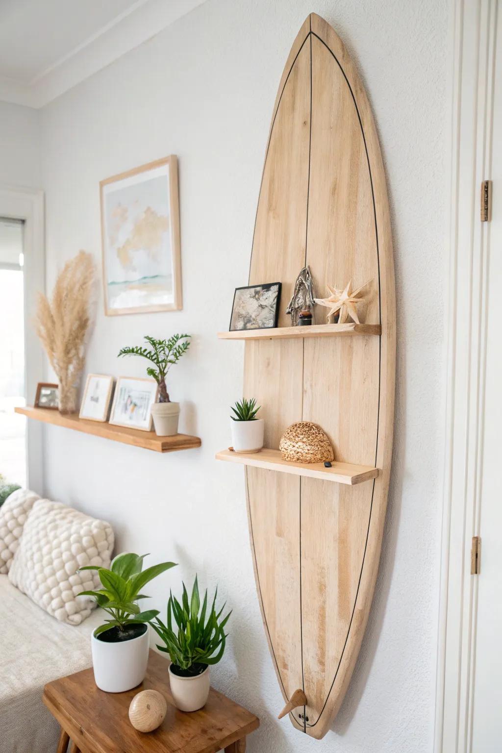 Transform your space with a touch of the ocean: an upcycled surfboard shelf that marries minimalist design with boho charm.