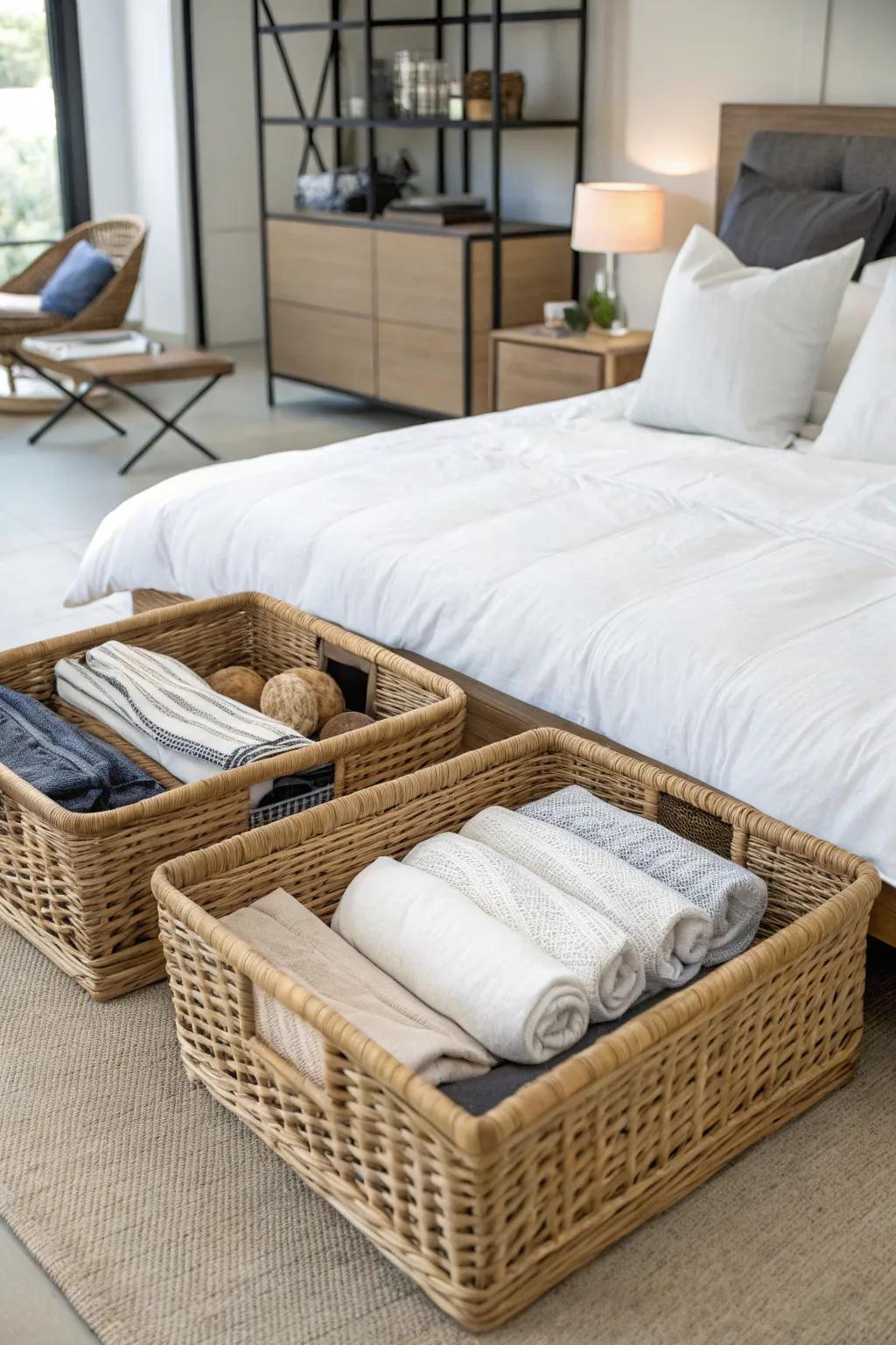 Keep things tidy with wicker baskets for under-bed storage.