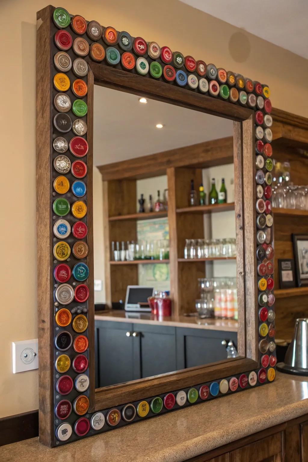 Bottle caps create a playful and unique mirror frame.