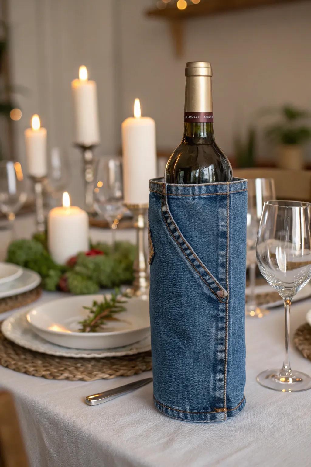 Transport your wine in style with a handmade denim holder.