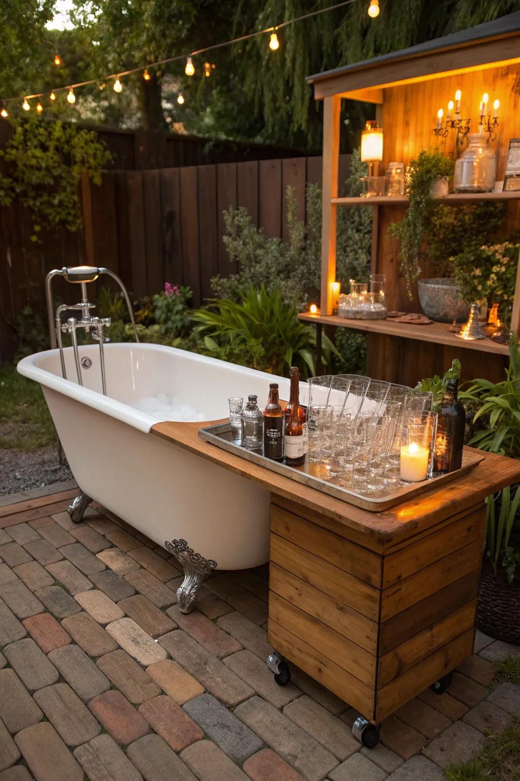Transform your backyard gatherings with a chic bathtub bar that blends rustic charm with modern elegance.