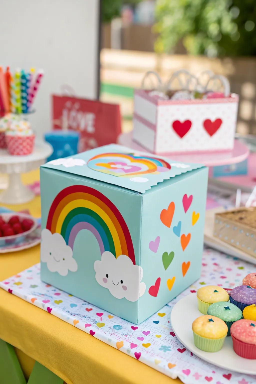 A vibrant rainbow Valentine box ready to brighten the day.