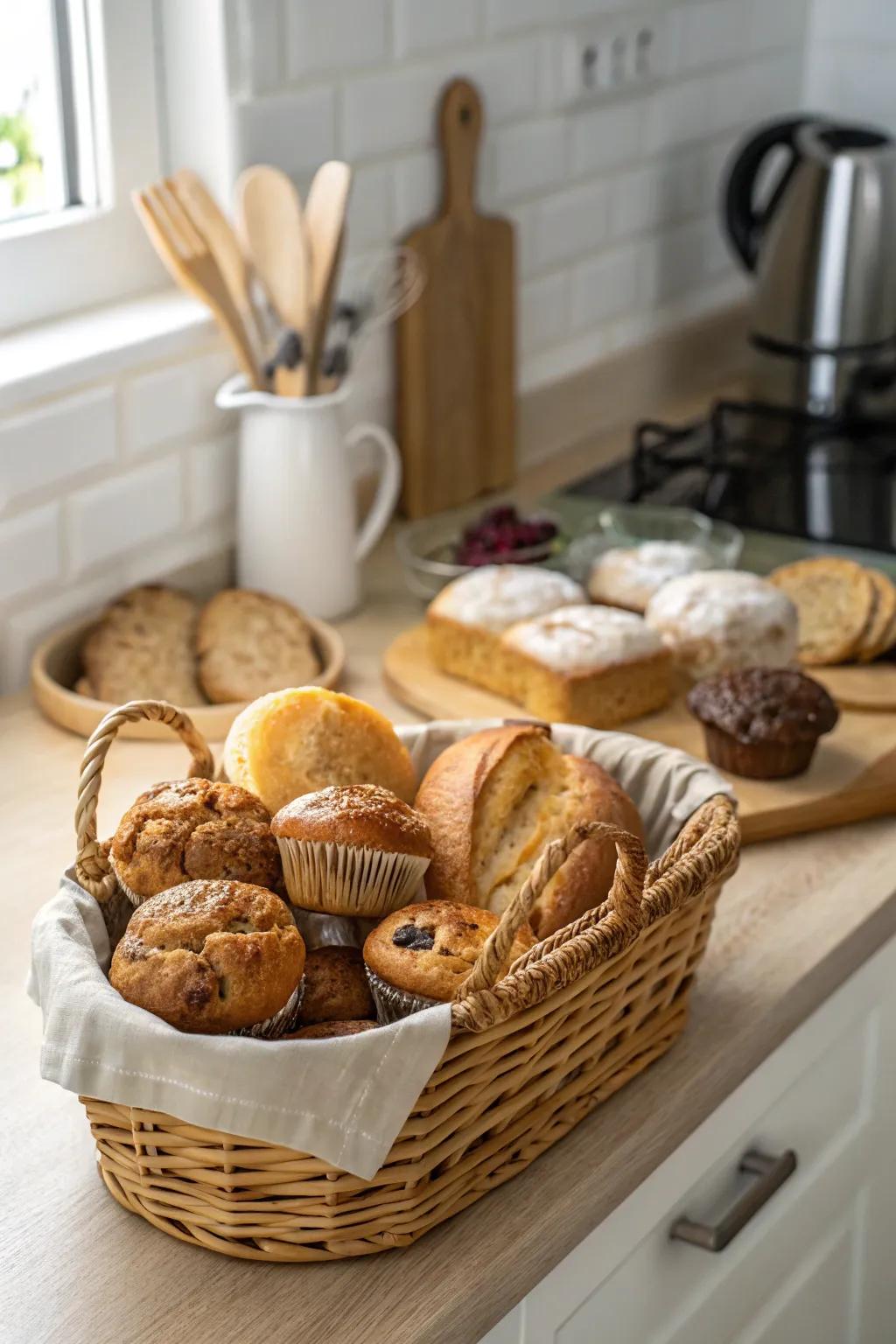 A baked goods basket, a sweet and thoughtful treat.