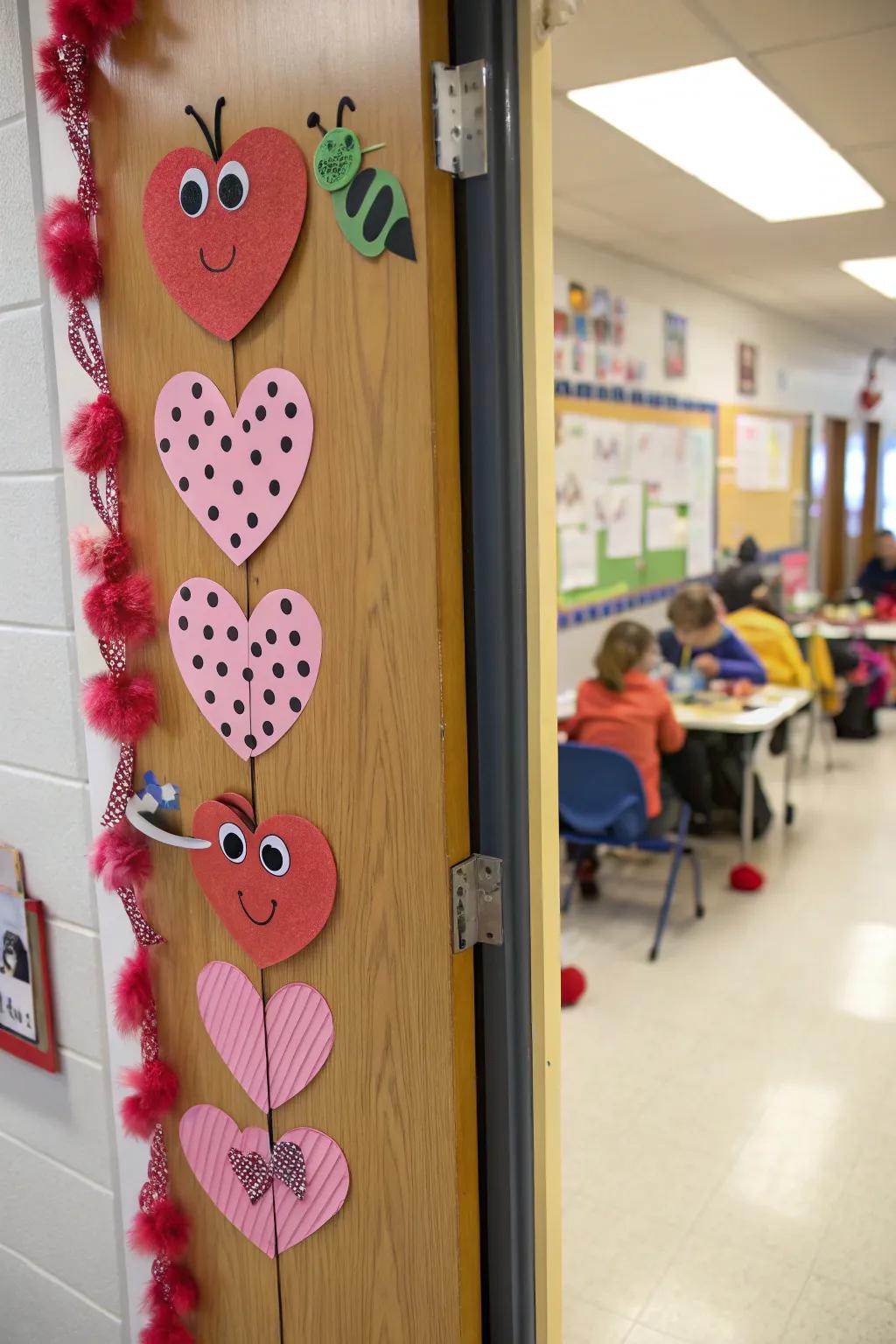 Adorable love bugs crawl across this whimsical classroom door.