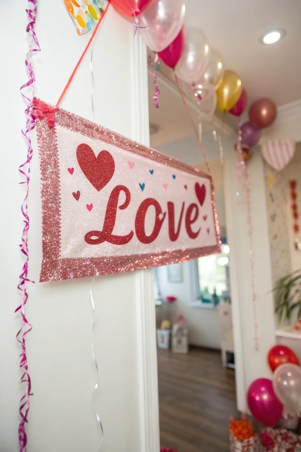 A glittered banner adds sparkle to your Valentine's Day.