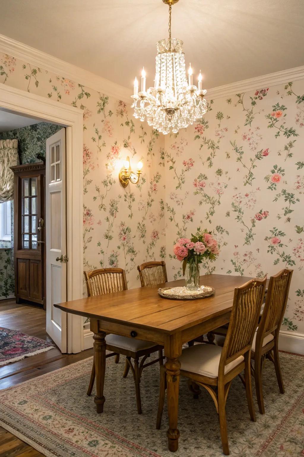 Floral wallpaper adds sophistication and ties together the vintage design.