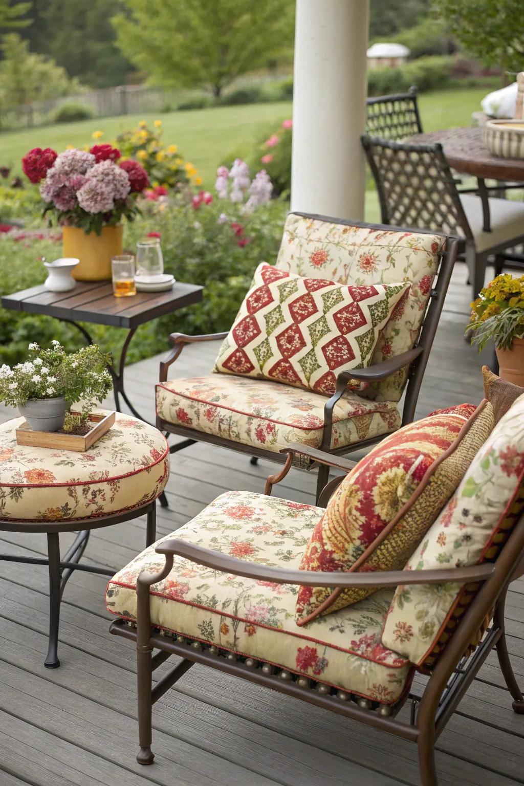 Vintage patterned cushions add color and nostalgia to this patio.