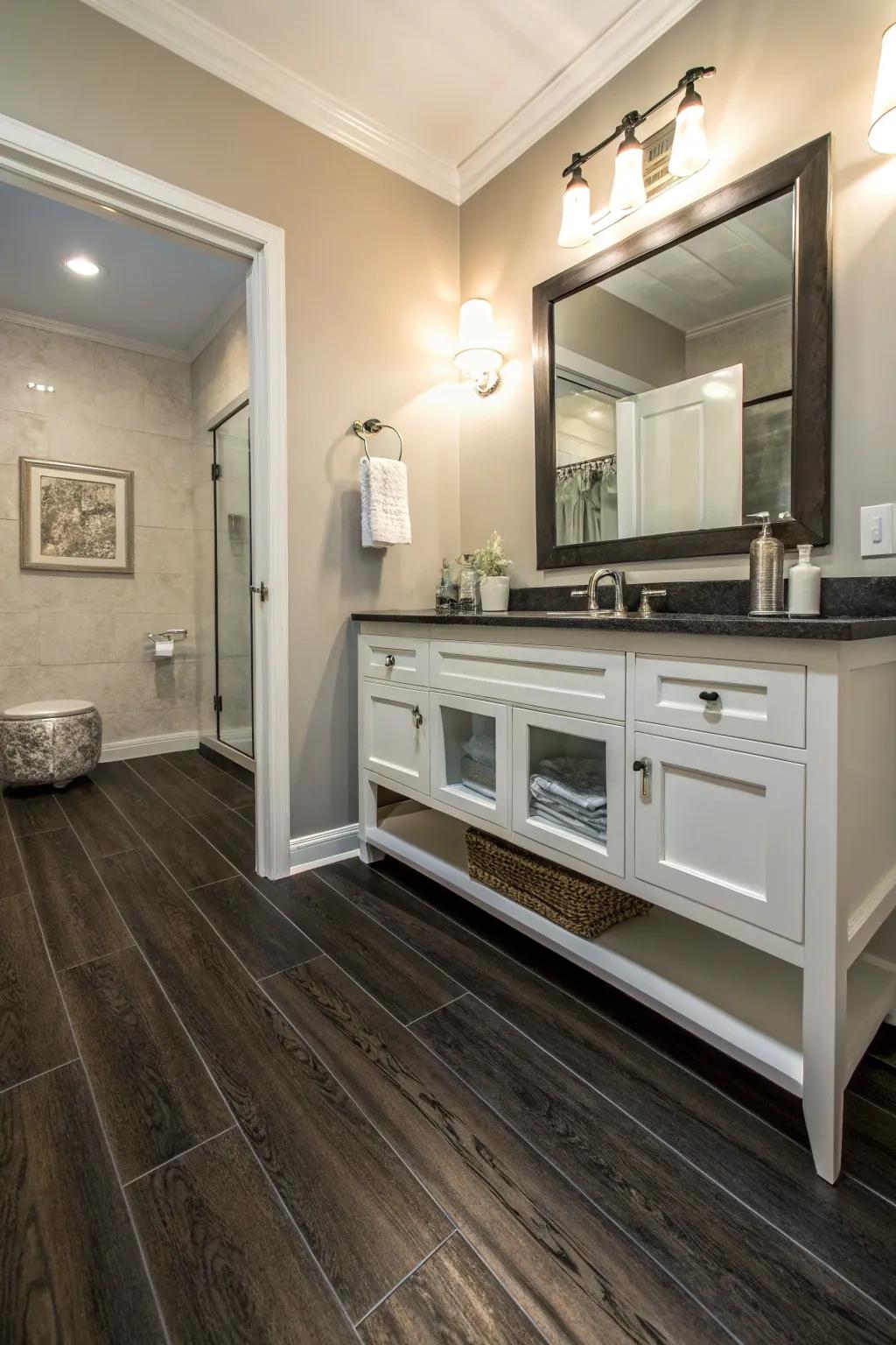 Dark-toned vinyl flooring adds drama and elegance.