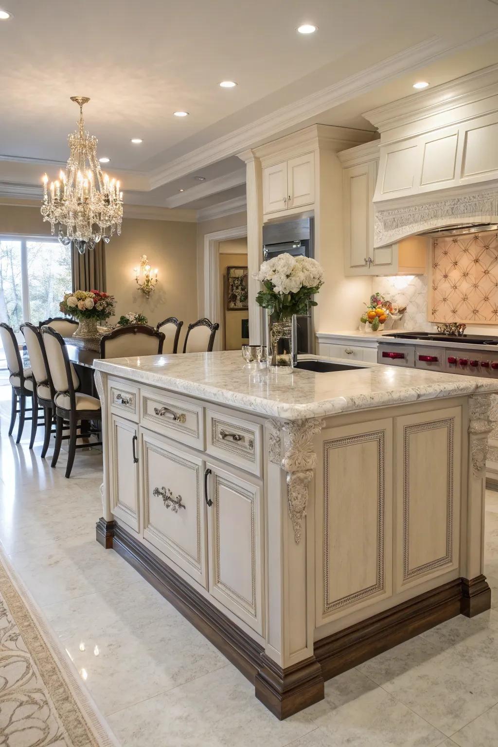 Understated luxury in wainscoting enhances this elegant kitchen island.