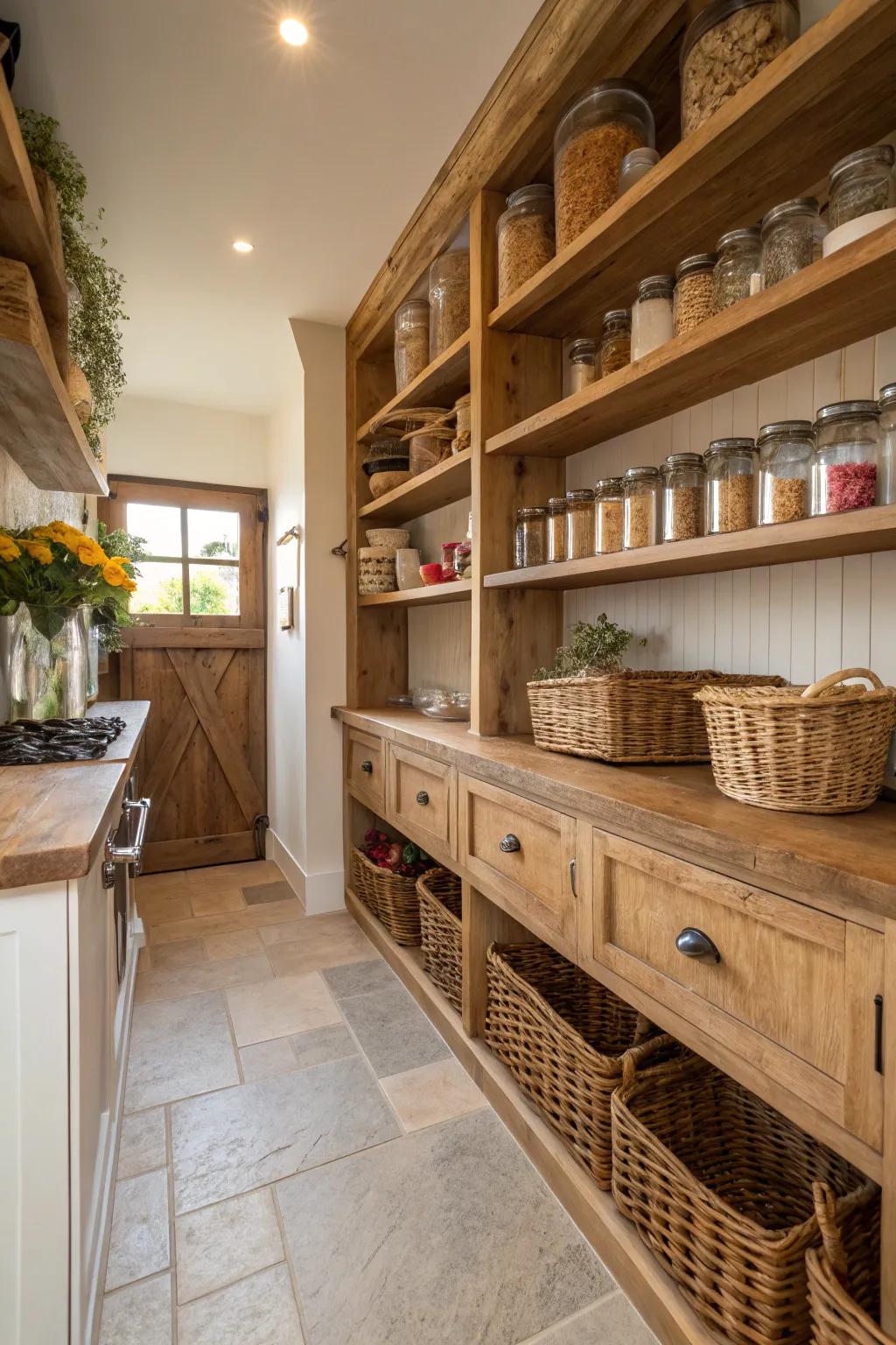 Rustic wooden shelves adding warmth and character to a walk-in pantry.