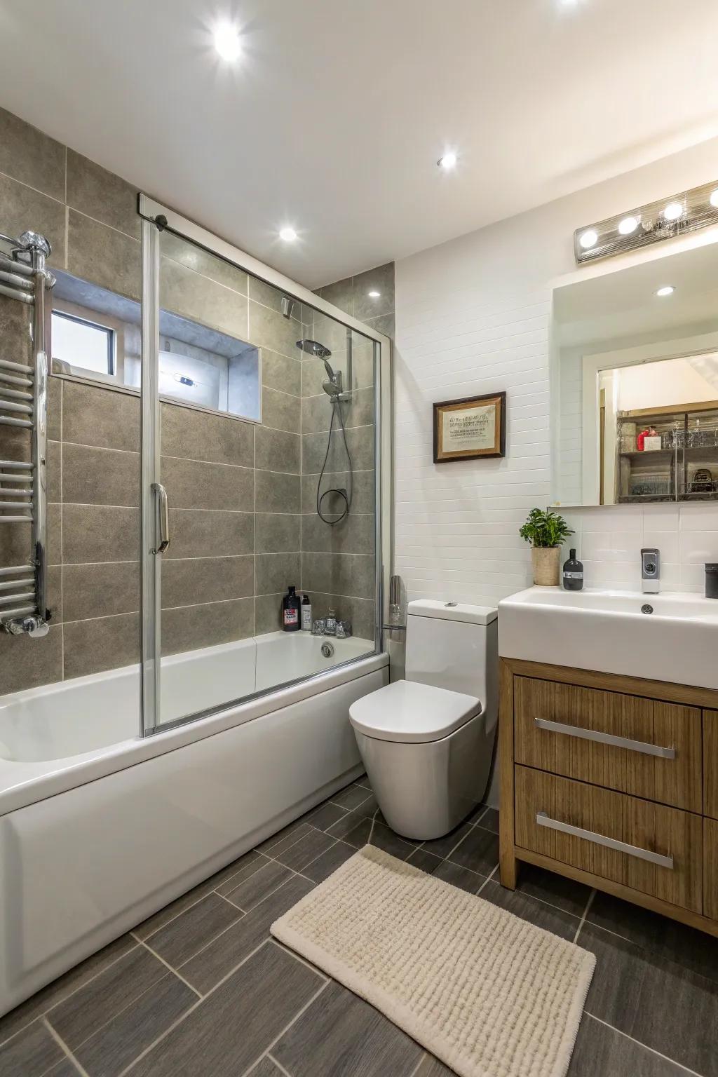 Combined tub and walk-in showers offer space-saving versatility in small bathrooms.