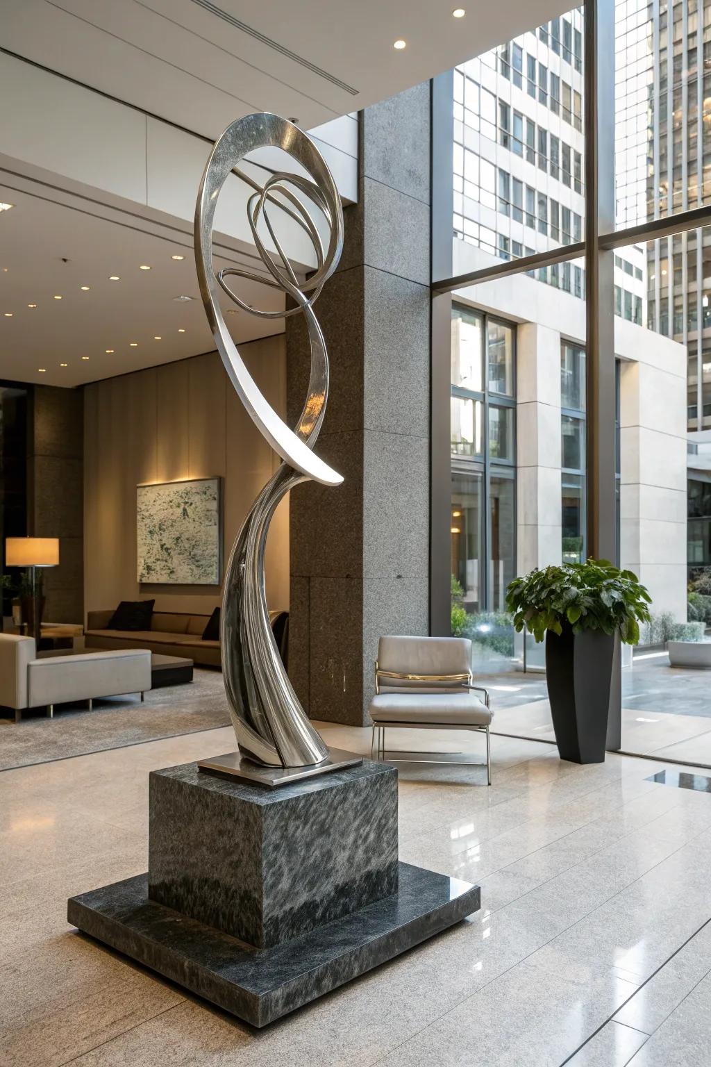 An artistic sculpture transforming a corner into a focal point.