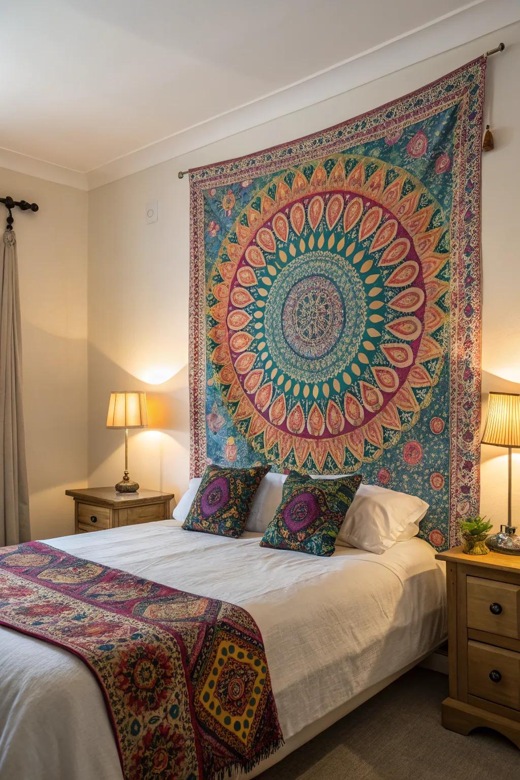 A colorful tapestry adds warmth and color to this guest room.