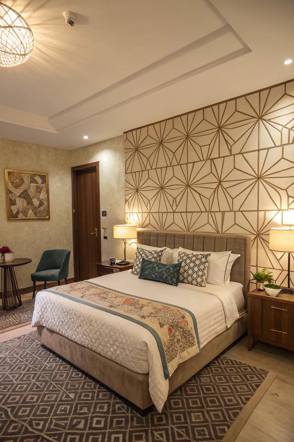 Guest room featuring creative DIY geometric wall patterns.