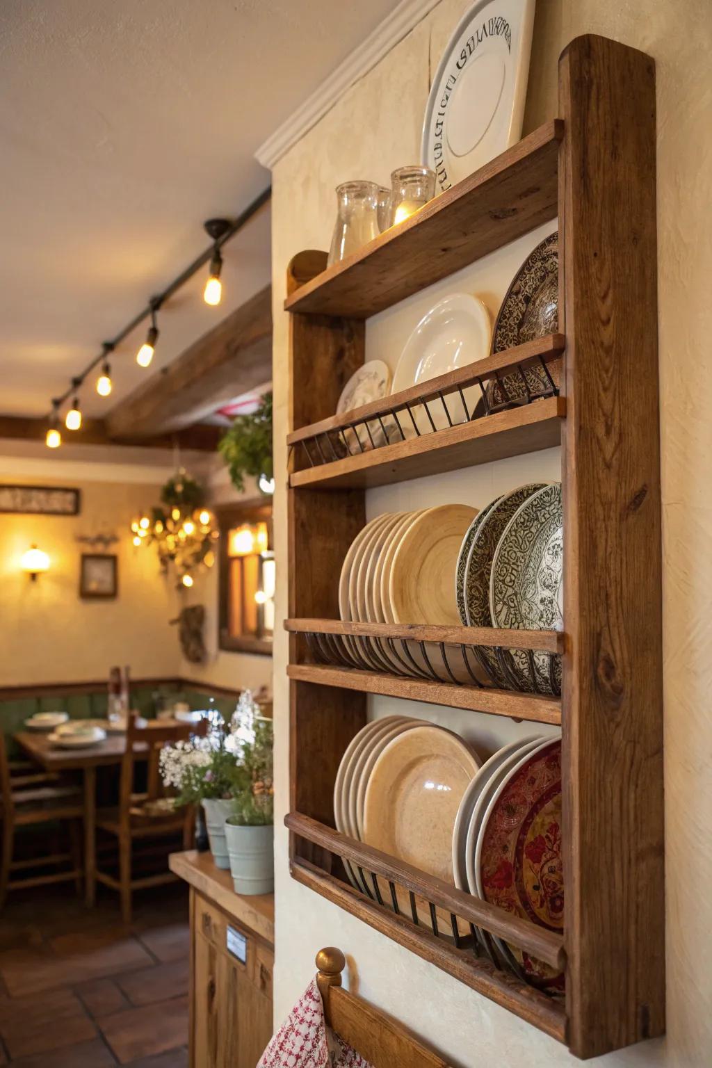 A layered plate rack showcasing a dynamic display of textures.