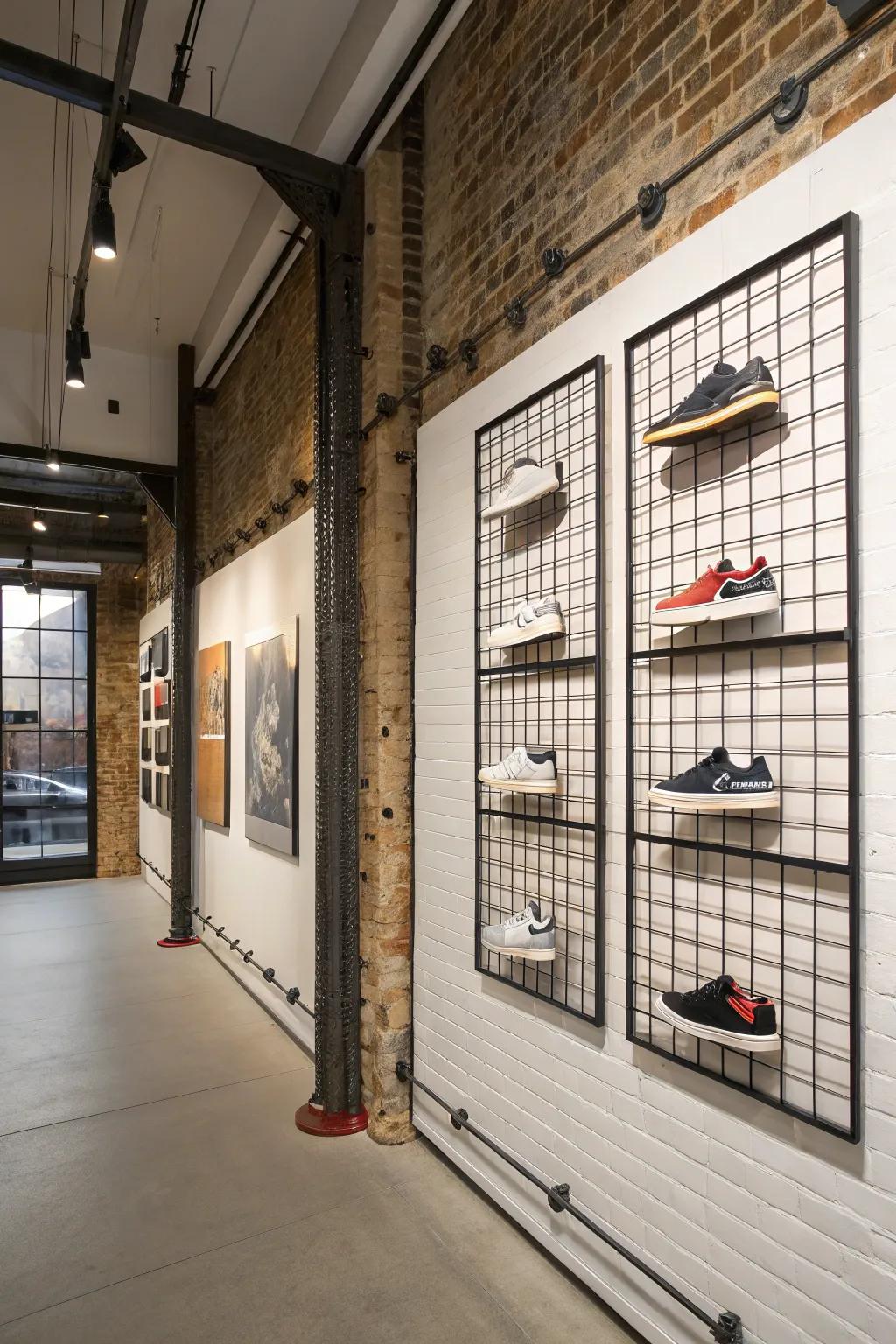 Grid panels provide a neat and industrial-chic shoe display.