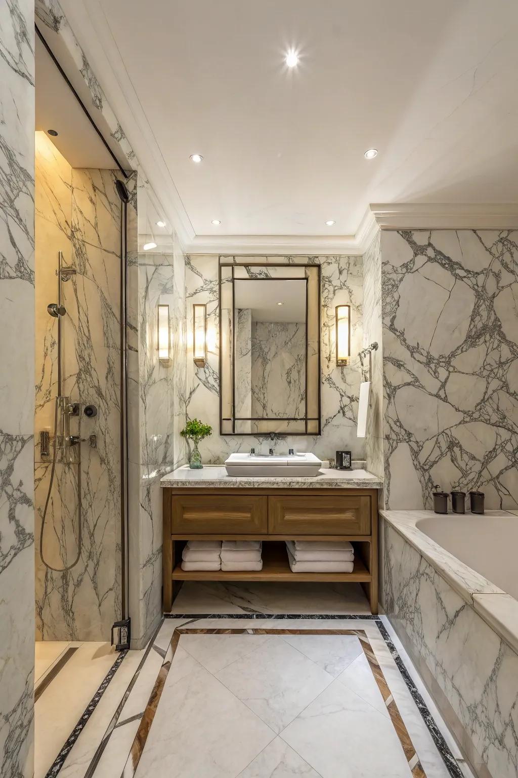 Heavily veined marble creates a luxurious atmosphere.