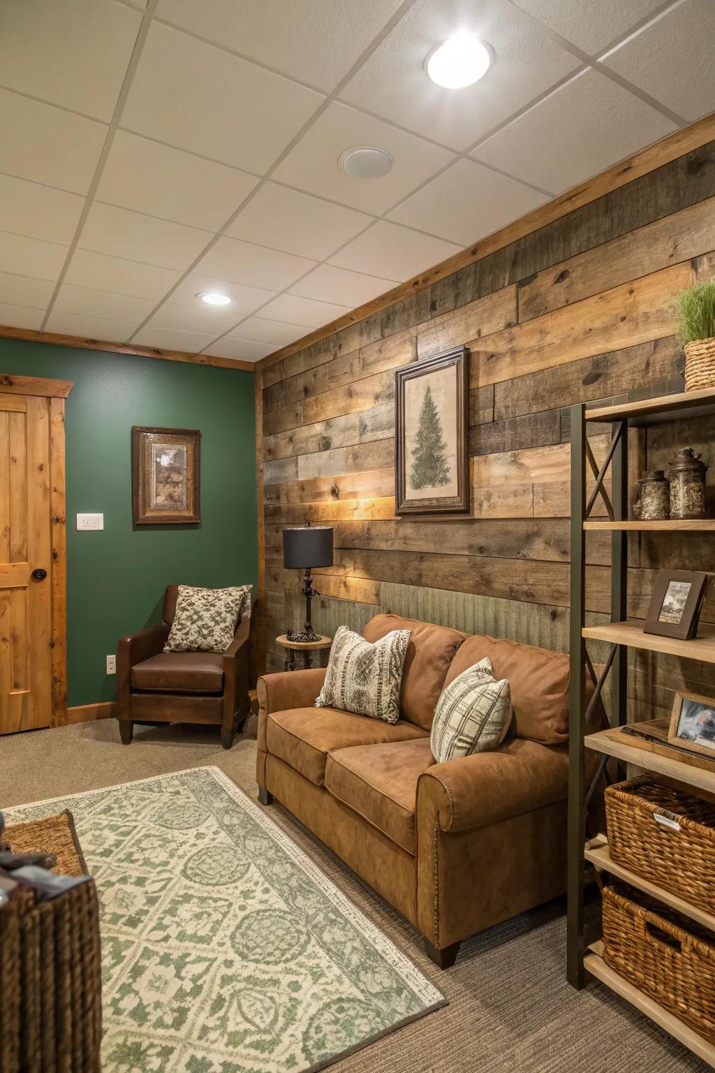 A cozy den with rustic wood wallpaper and earthy greens.