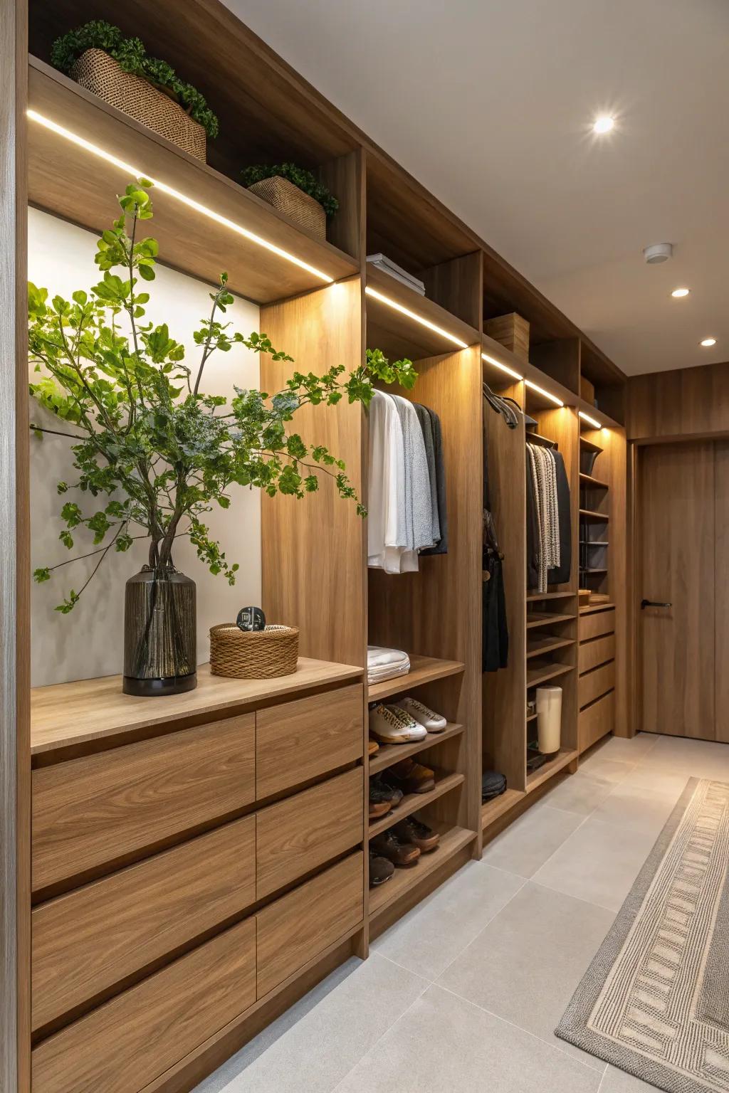 Natural elements introduce calmness and serenity to the wardrobe room.