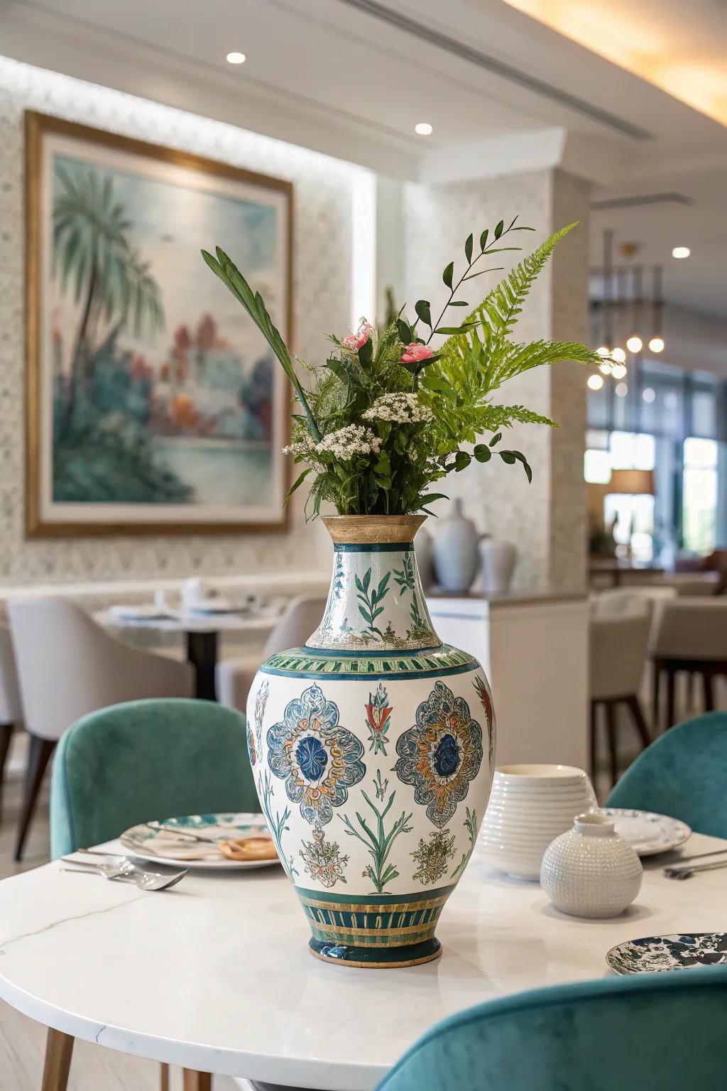 Negative space watercolor background highlights a decorative vase in a modern dining area.