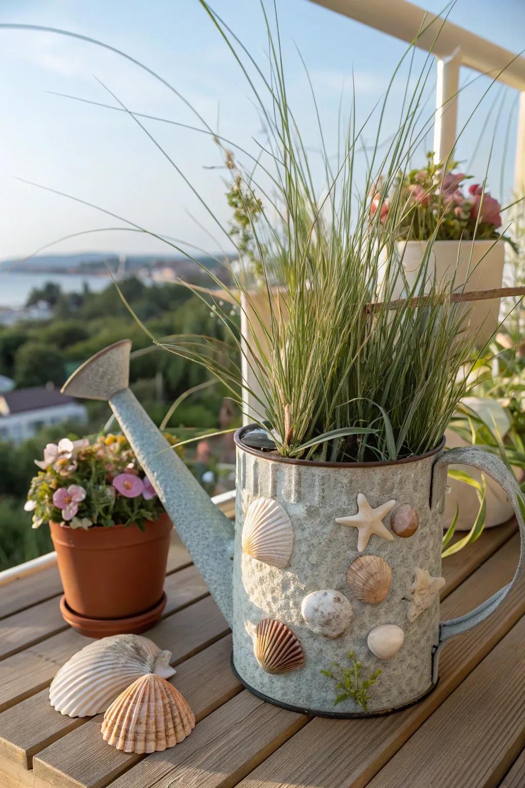 Bring the beach home with a coastal-themed watering can planter.